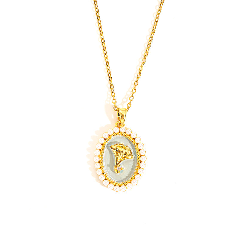 Wholesale rose oil painting high-grade necklace pearl color simple clavicle chain stainless steel plated 18k gold necklace for women